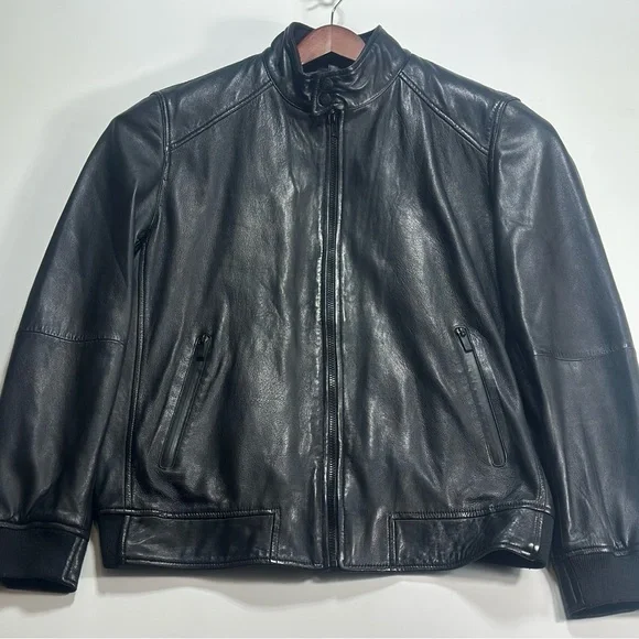 Massimo Dutti Black Nappa Leather Bomber Moto Jacket XXL Euro Style - Picture 2 of 16